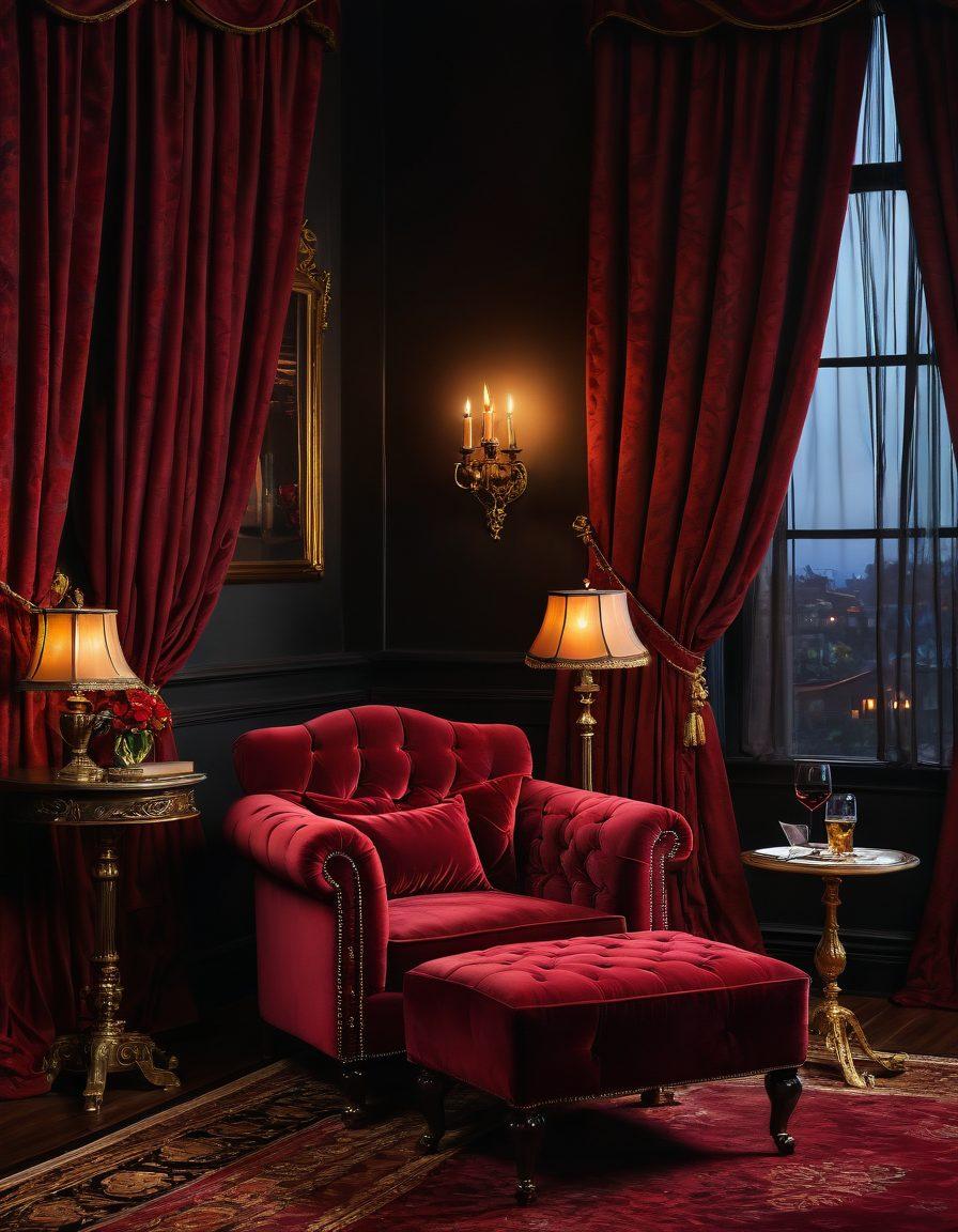 A sophisticated, dimly lit room with velvet drapes and a plush chaise lounge; an open, steamy novel lies casually with provocative cover art. A glass of red wine and a single rose are placed nearby. Sensual and alluring atmosphere with warm tones and intricate details. painting. vibrant colors.